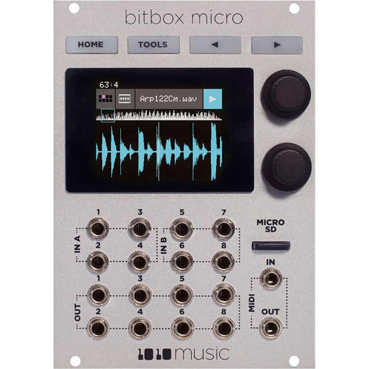 Compact 1010music Bitbox Micro semi-modular synthesizer with multiple knobs and patch points for versatile sound creation.