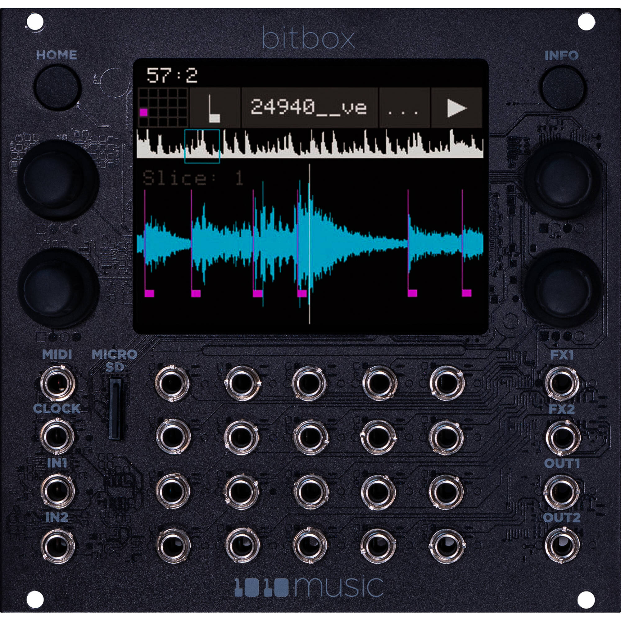 1010music Bitbox MK2 semi-modular synthesizer with digital display, knobs, and patch points for versatile sound creation.