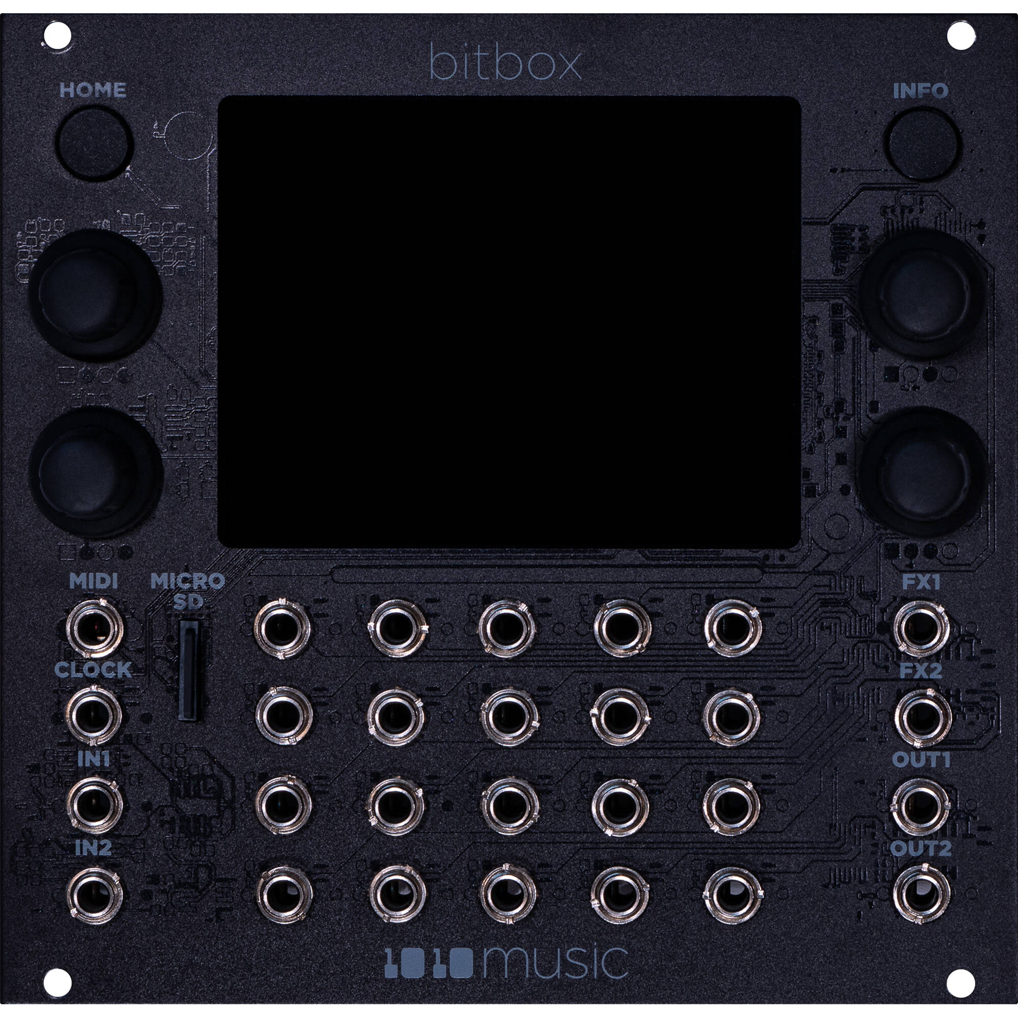 1010music Bitbox MK2 semi-modular synthesizer with colorful knobs, buttons, and patch points on a black panel, ready for music creation.