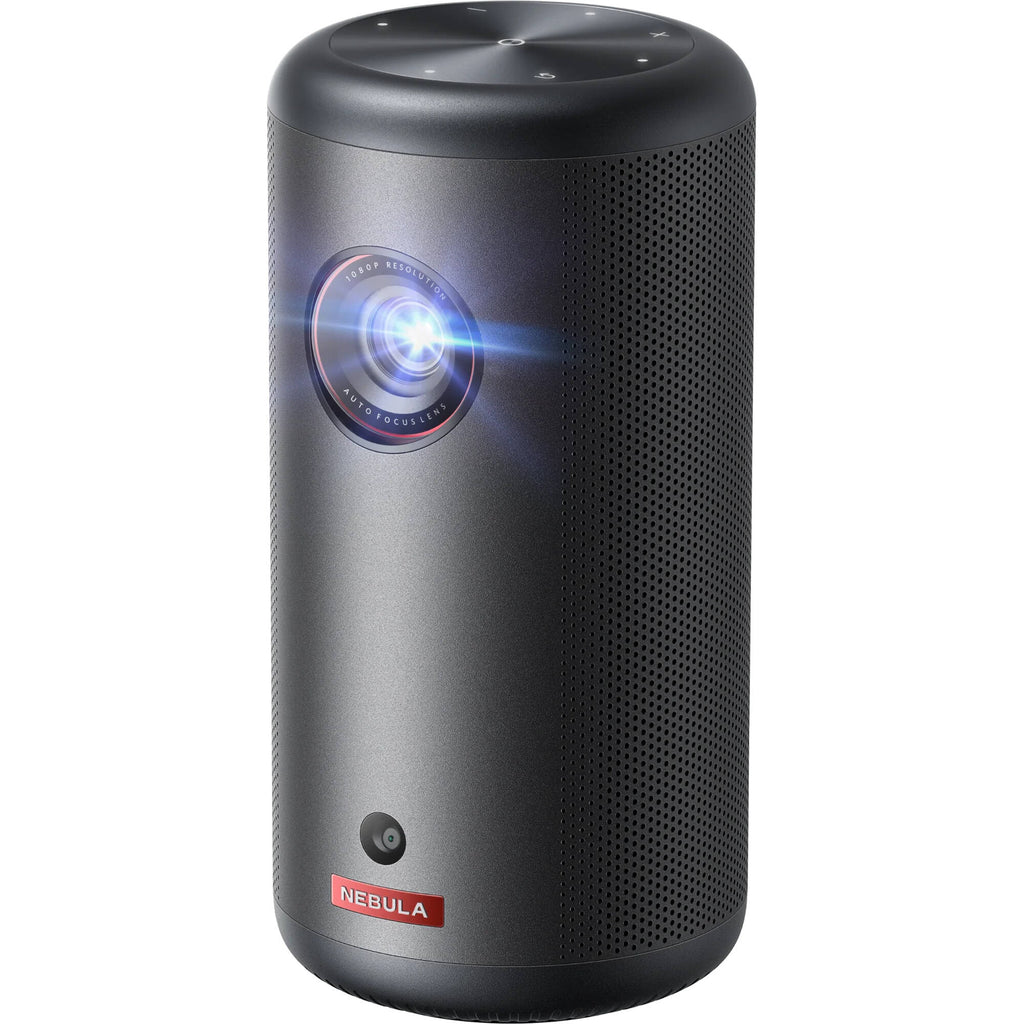 Nebula Capsule 3 portable projector showing a colorful movie scene on a wall with a sleek black design.