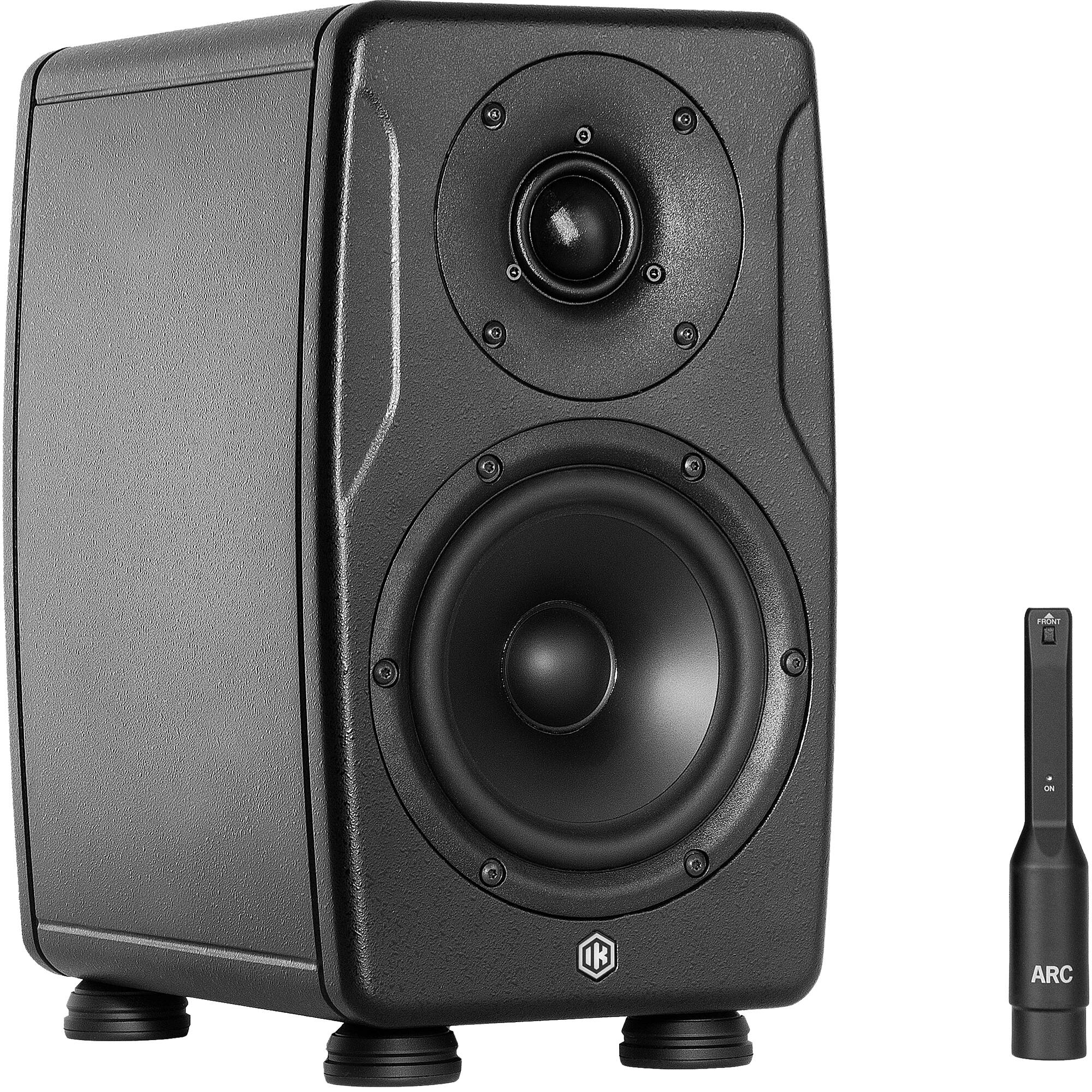 IK Multimedia iLoud Precision 5 MK2 active nearfield monitors with sleek black finish and front control panel.