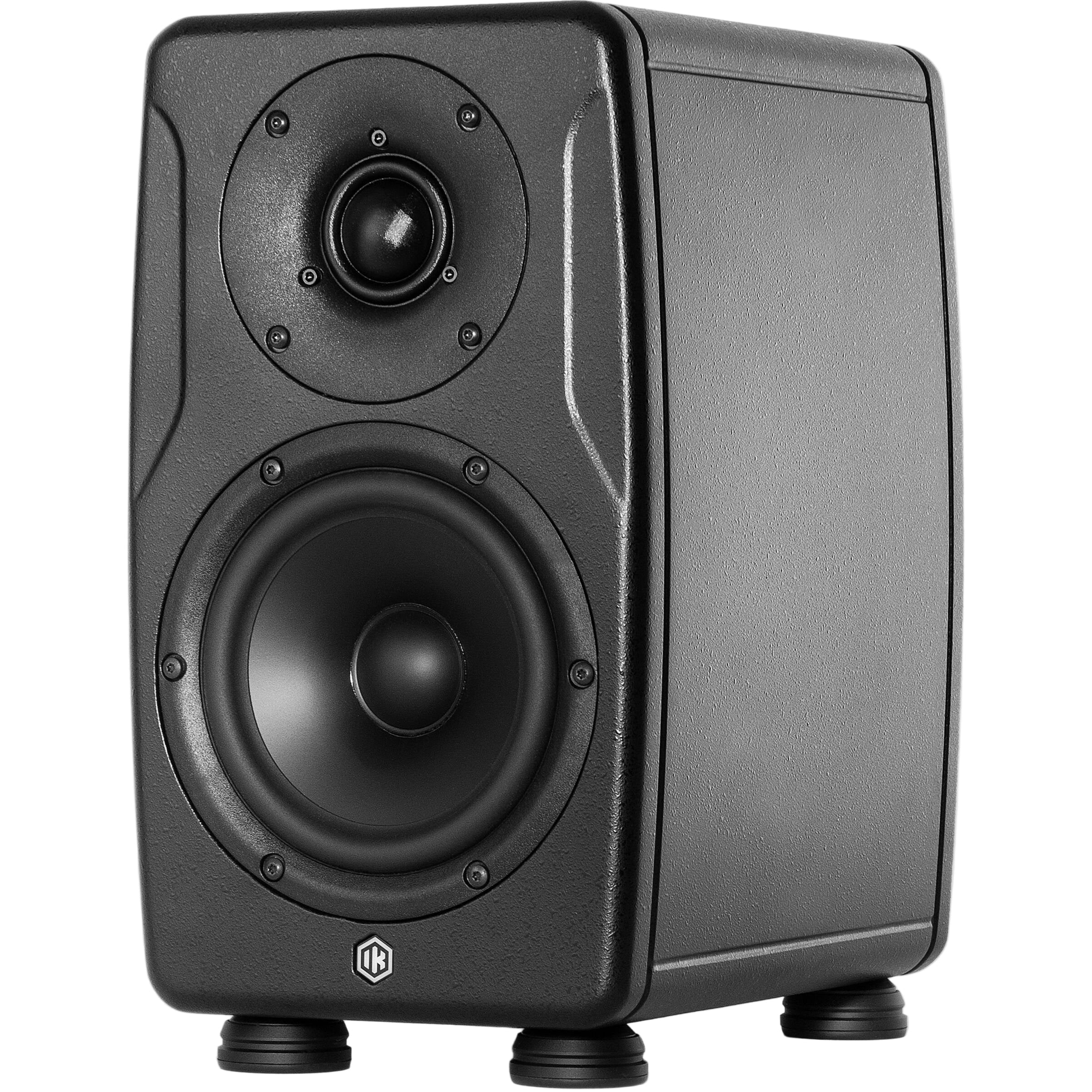 IK Multimedia iLoud Precision 5 MK2 active nearfield monitor with black finish, featuring front control panel and speaker grille.