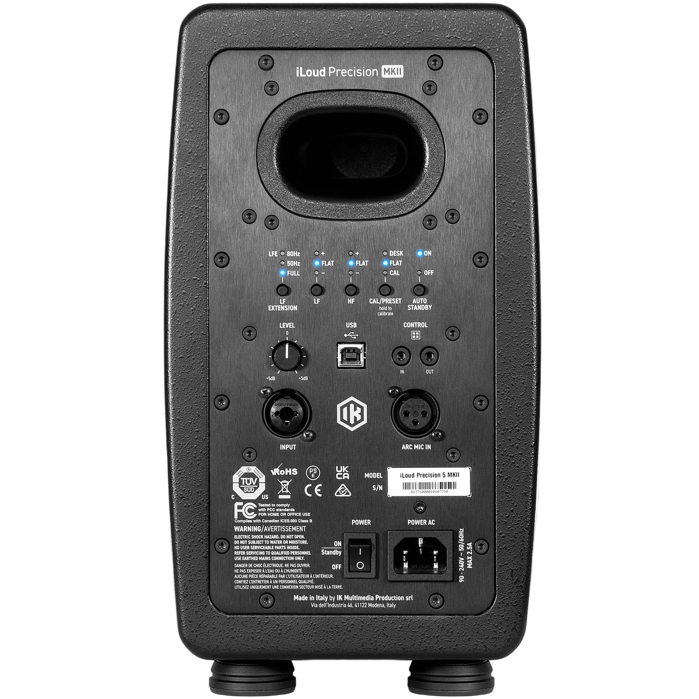 IK Multimedia iLoud Precision 5 MK2 active nearfield monitor showing black speaker with control panel and front grill.