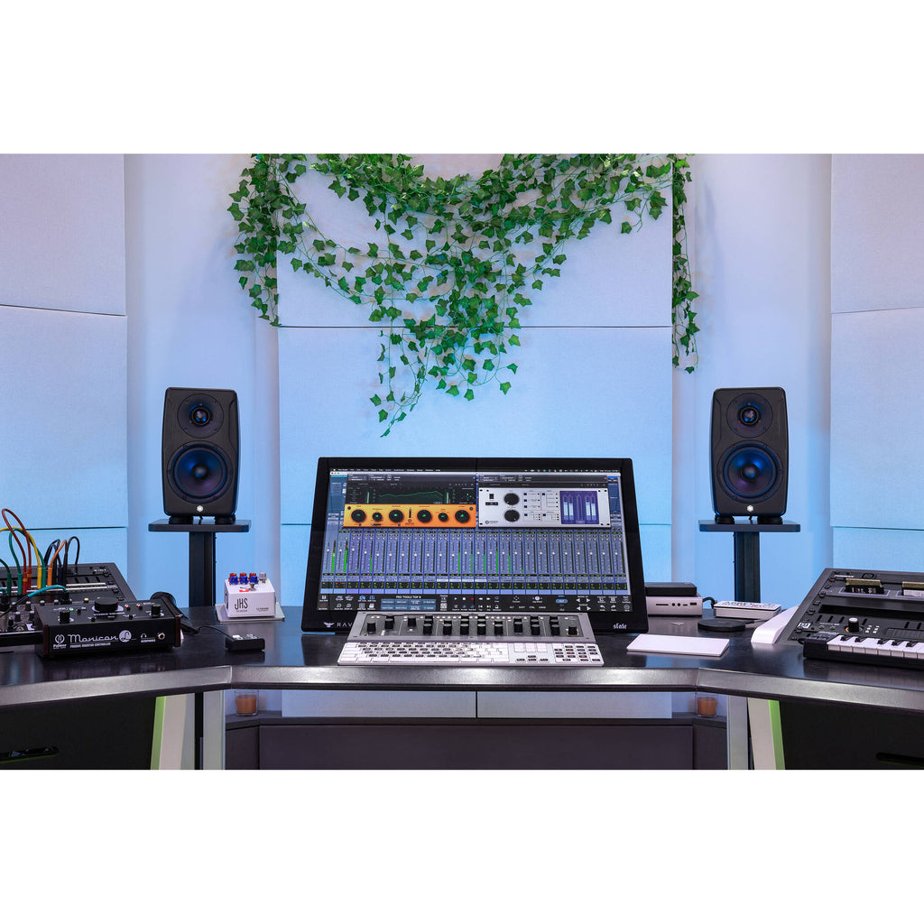 IK Multimedia iLoud Precision 5 MK2 active nearfield monitors showing front view with control knobs and speaker grille.