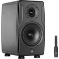 IK Multimedia iLoud Precision 6 MK2 active nearfield monitors with sleek black finish and control knobs on front panel.