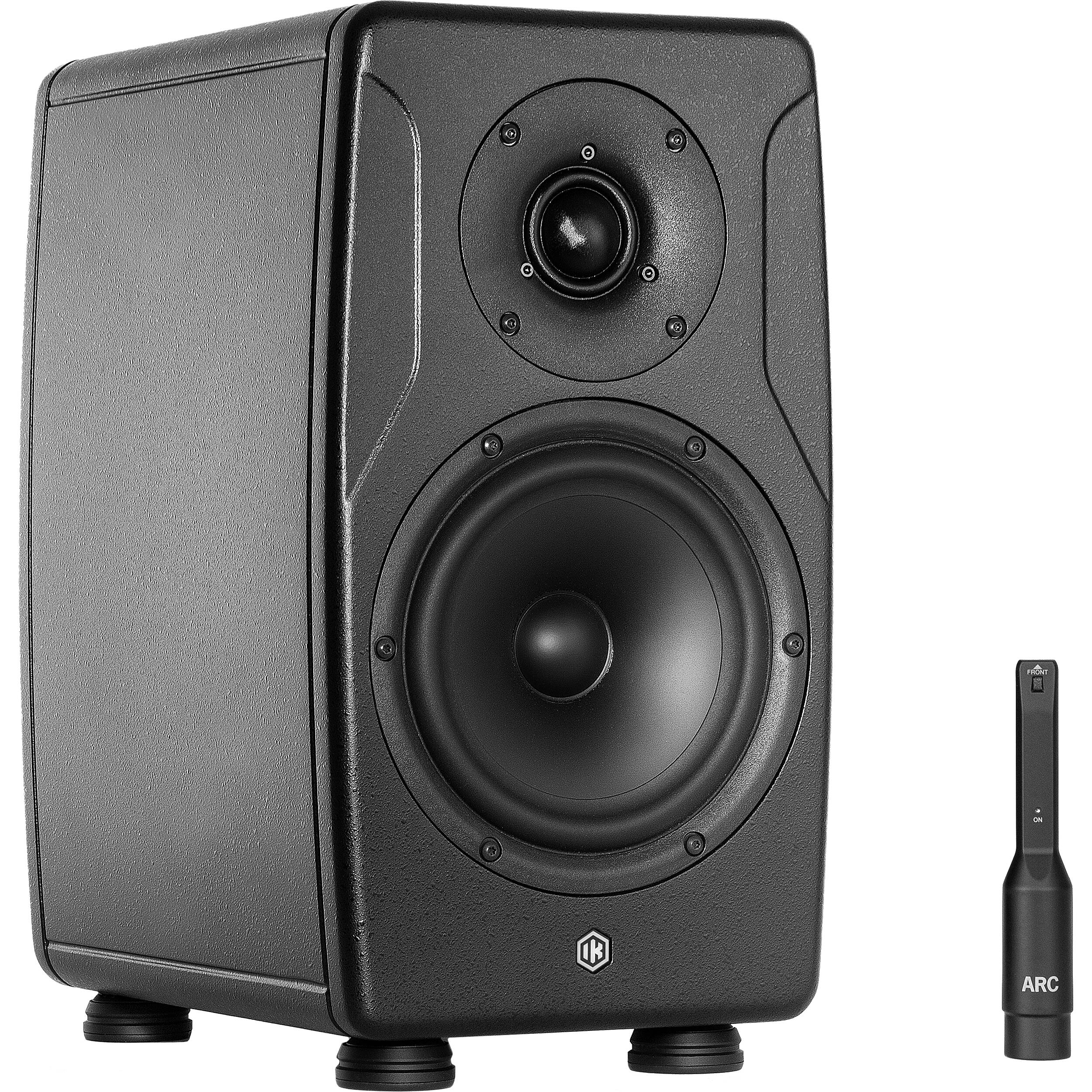 IK Multimedia iLoud Precision 6 MK2 active nearfield monitors with sleek black finish and control knobs on front panel.