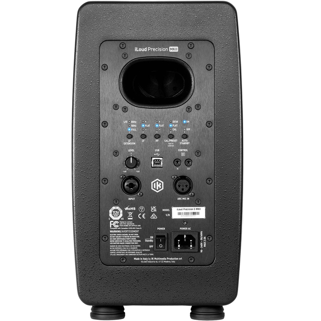 IK Multimedia iLoud Precision 6 MK2 active nearfield monitors showing black speaker cabinets with control panels and brand logo.