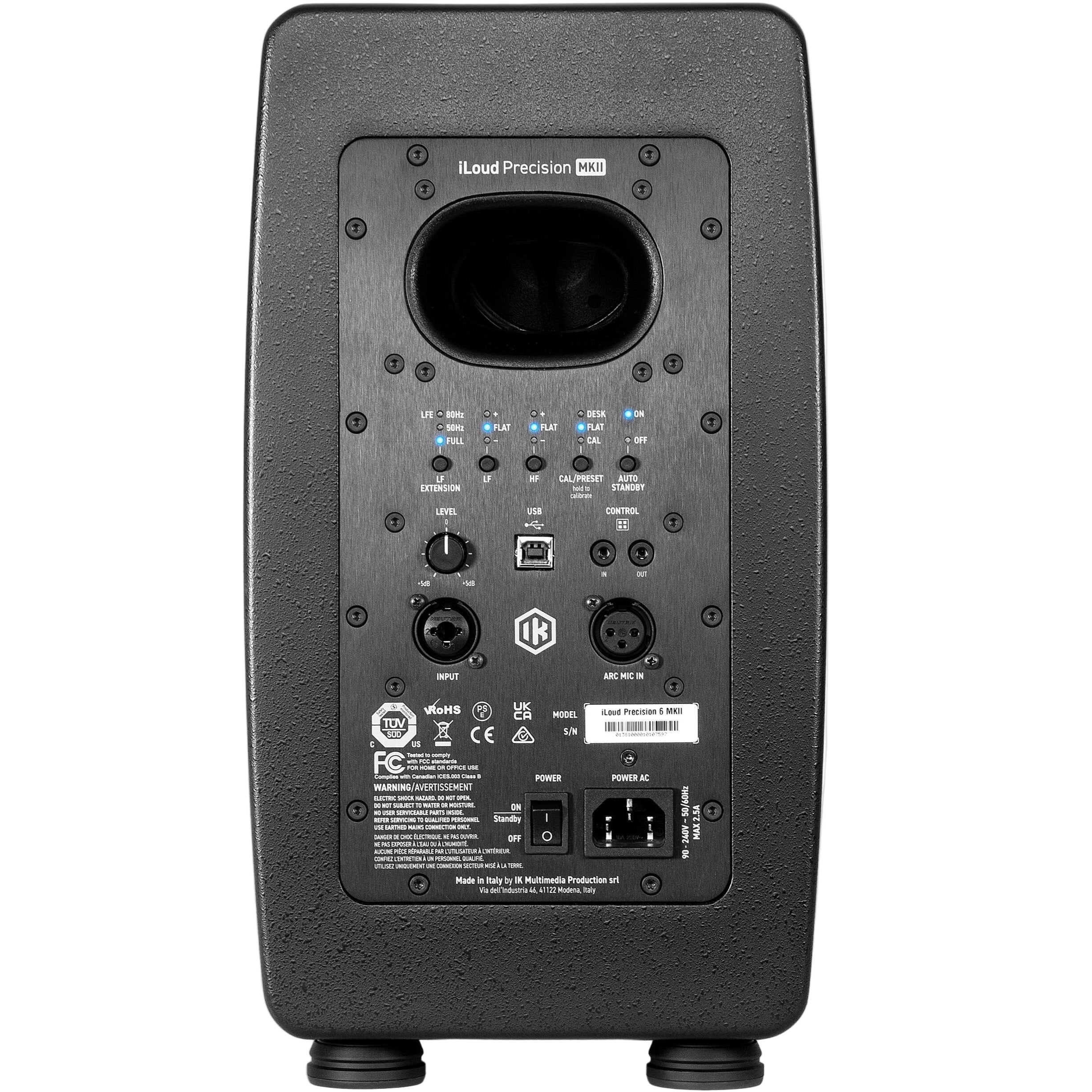 IK Multimedia iLoud Precision 6 MK2 active nearfield monitors showing black speaker cabinets with control panels and brand logo.