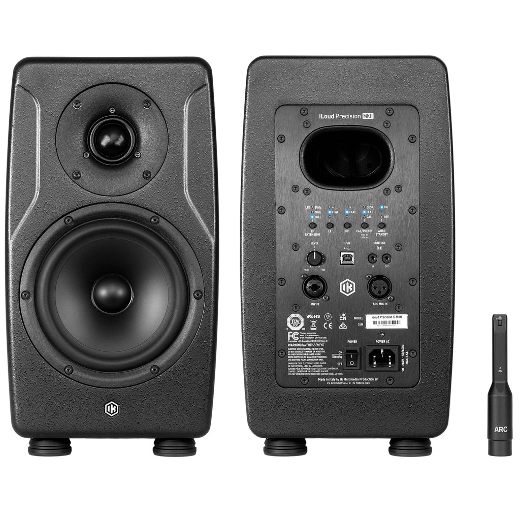 IK Multimedia iLoud Precision 6 MK2 active nearfield monitors shown with sleek black design and front speaker grille.