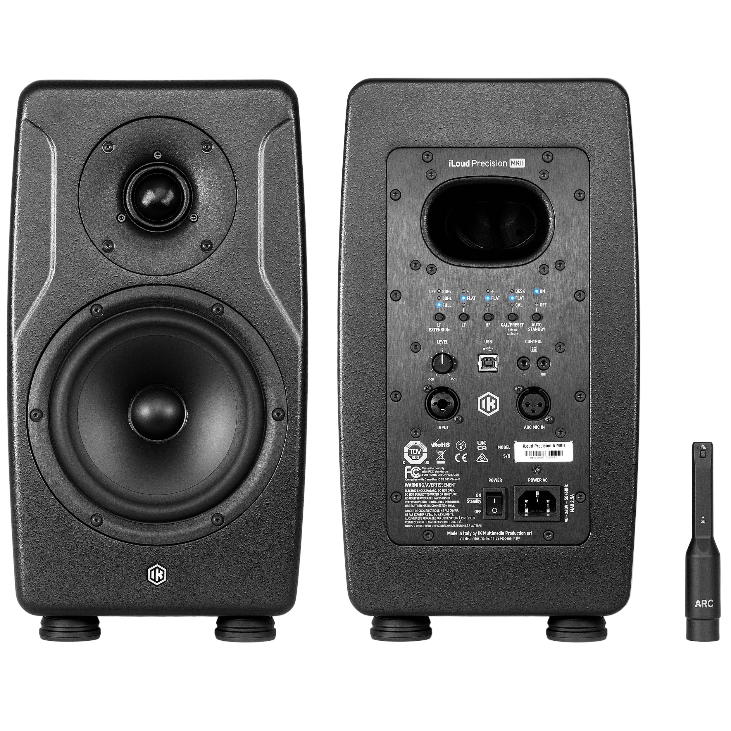 IK Multimedia iLoud Precision 6 MK2 active nearfield monitors shown with sleek black design and front speaker grille.