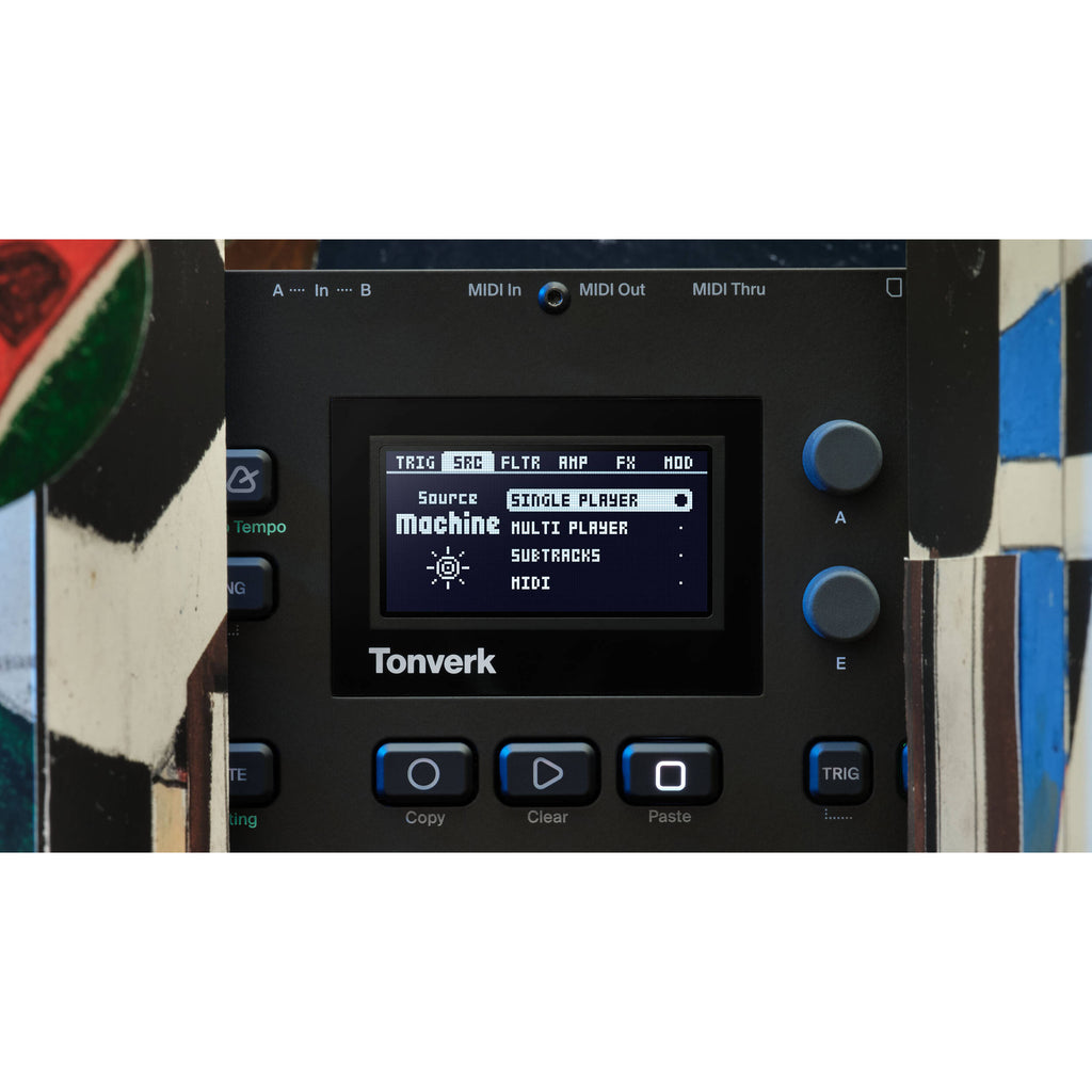 Elektron Tonverk drum machine and sampler with knobs, buttons, and display for music production.