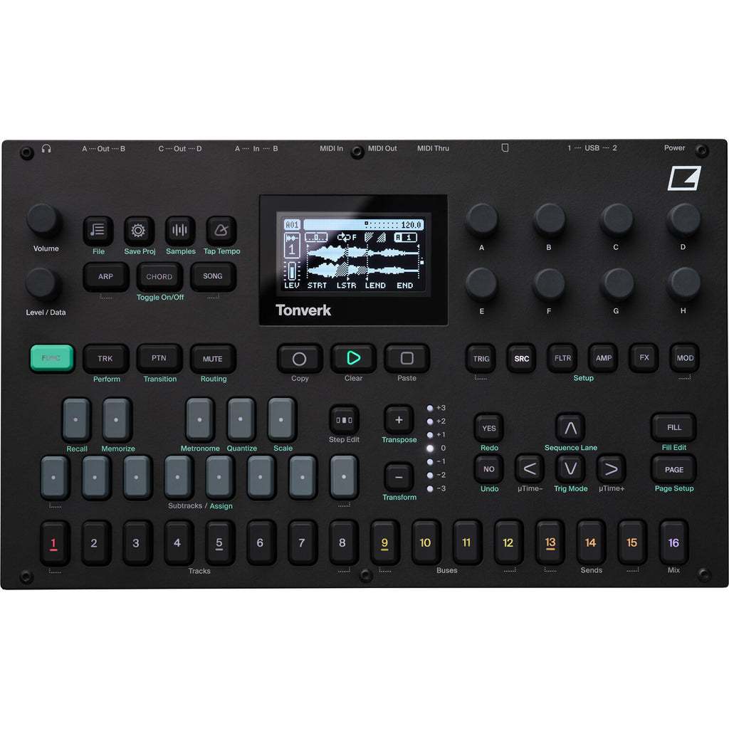 Elektron Elektron Tonverk drum machine and sampler with control knobs and interface for music production.