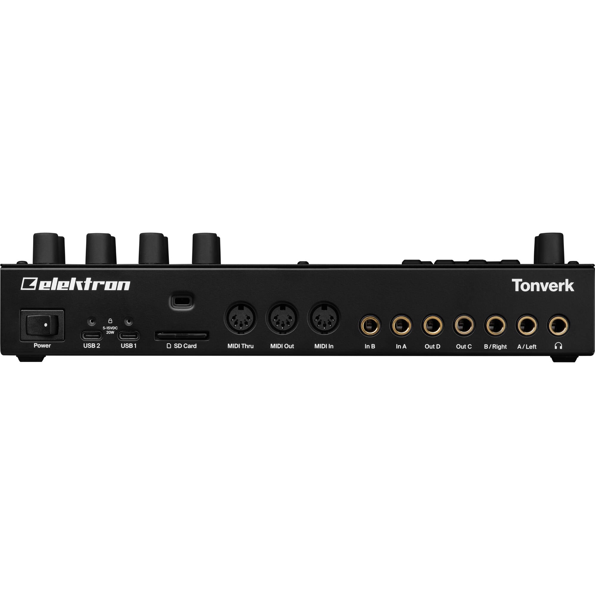 Elektron Elektron Tonverk drum machine and sampler with control knobs and display, designed for electronic music production.