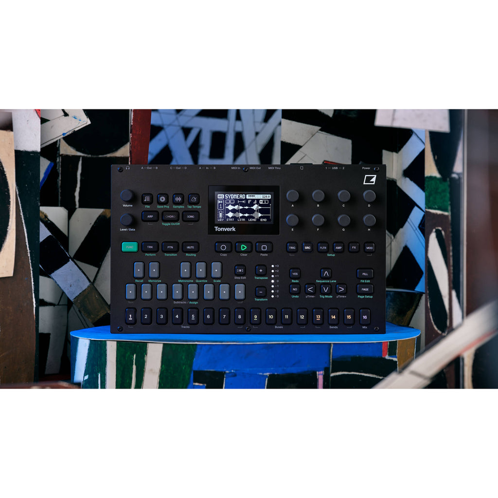 Elektron Elektron Tonverk drum machine and sampler with various knobs and buttons on a dark background.