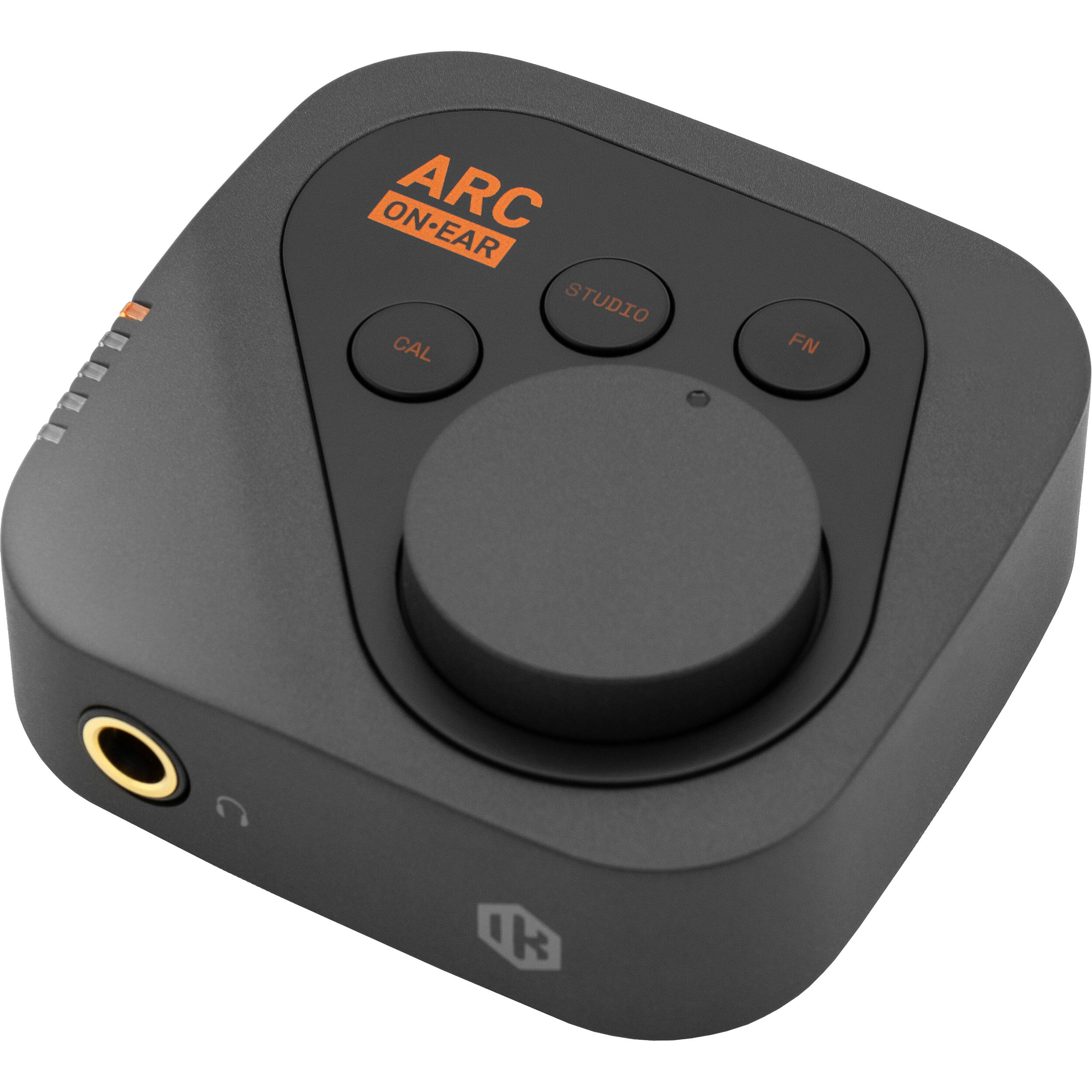 IK Multimedia ARC ON EAR headphone amplifier and DAC, compact device with controls and ports for high-quality audio output.