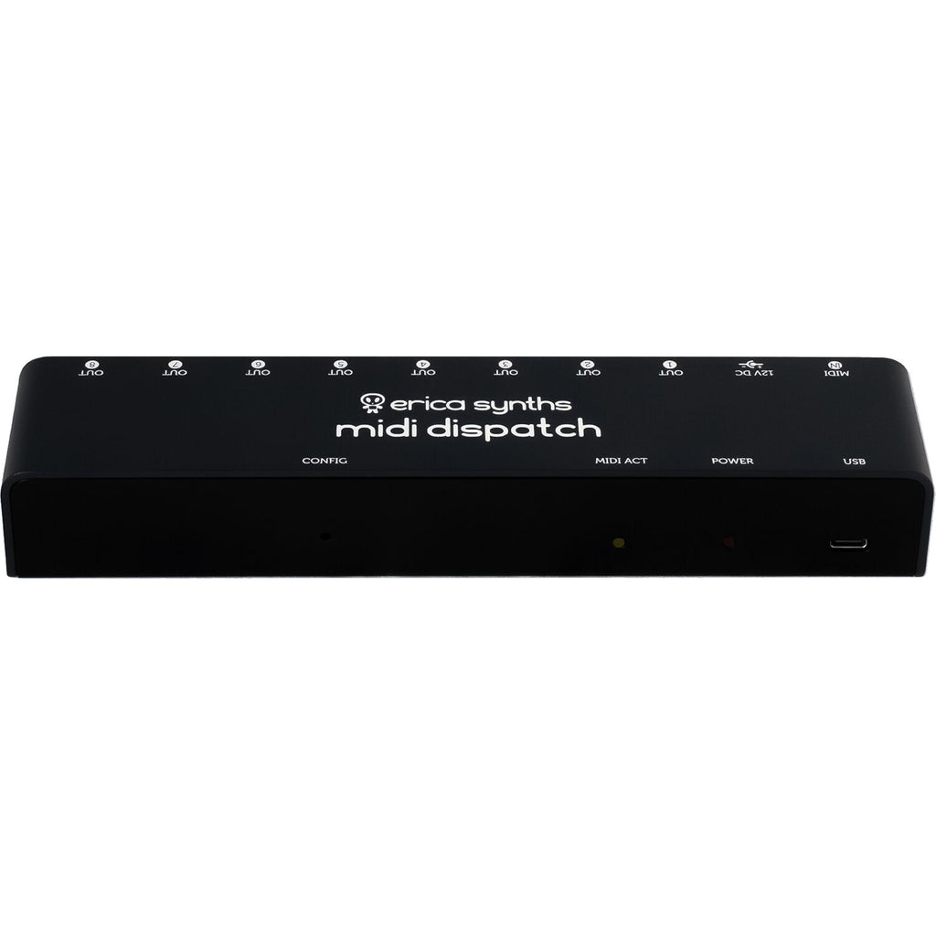 Erica Synths Midi Dispatch MIDI interface with multiple MIDI ports and sleek black design for seamless music production.