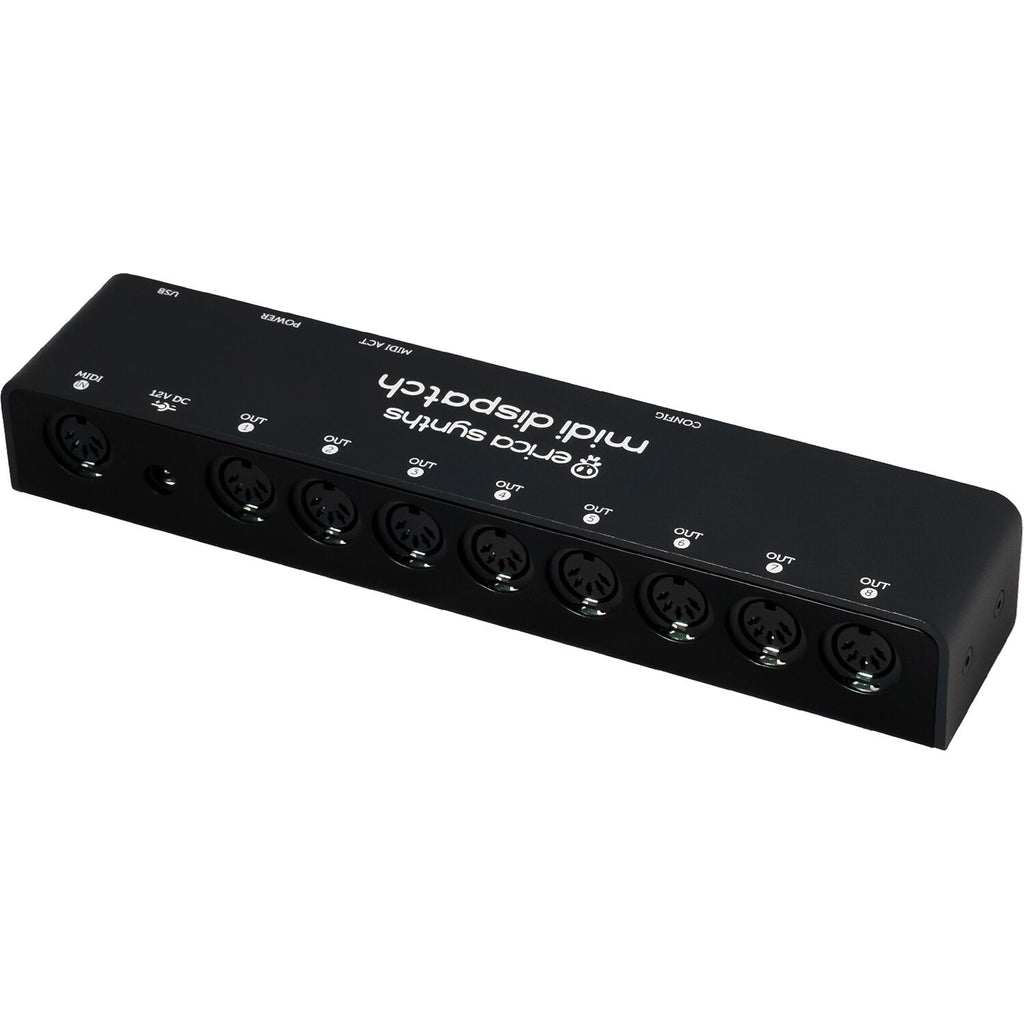 Erica Synths Midi Dispatch MIDI interface with multiple ports and control knobs for seamless music production setup.