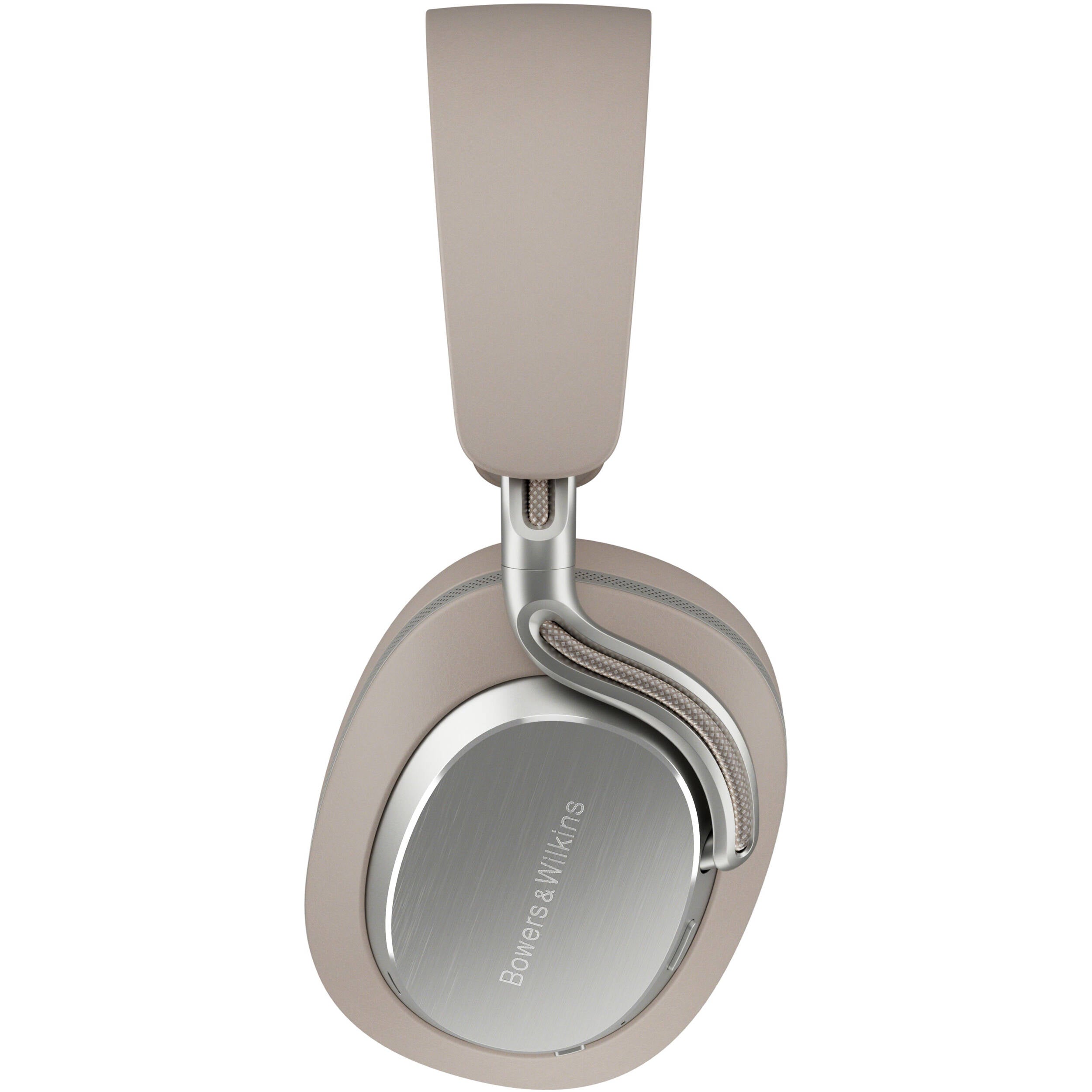 Bowers & Wilkins Px8 S2 wireless headphones with sleek black design and plush ear cushions, shown from a side angle.