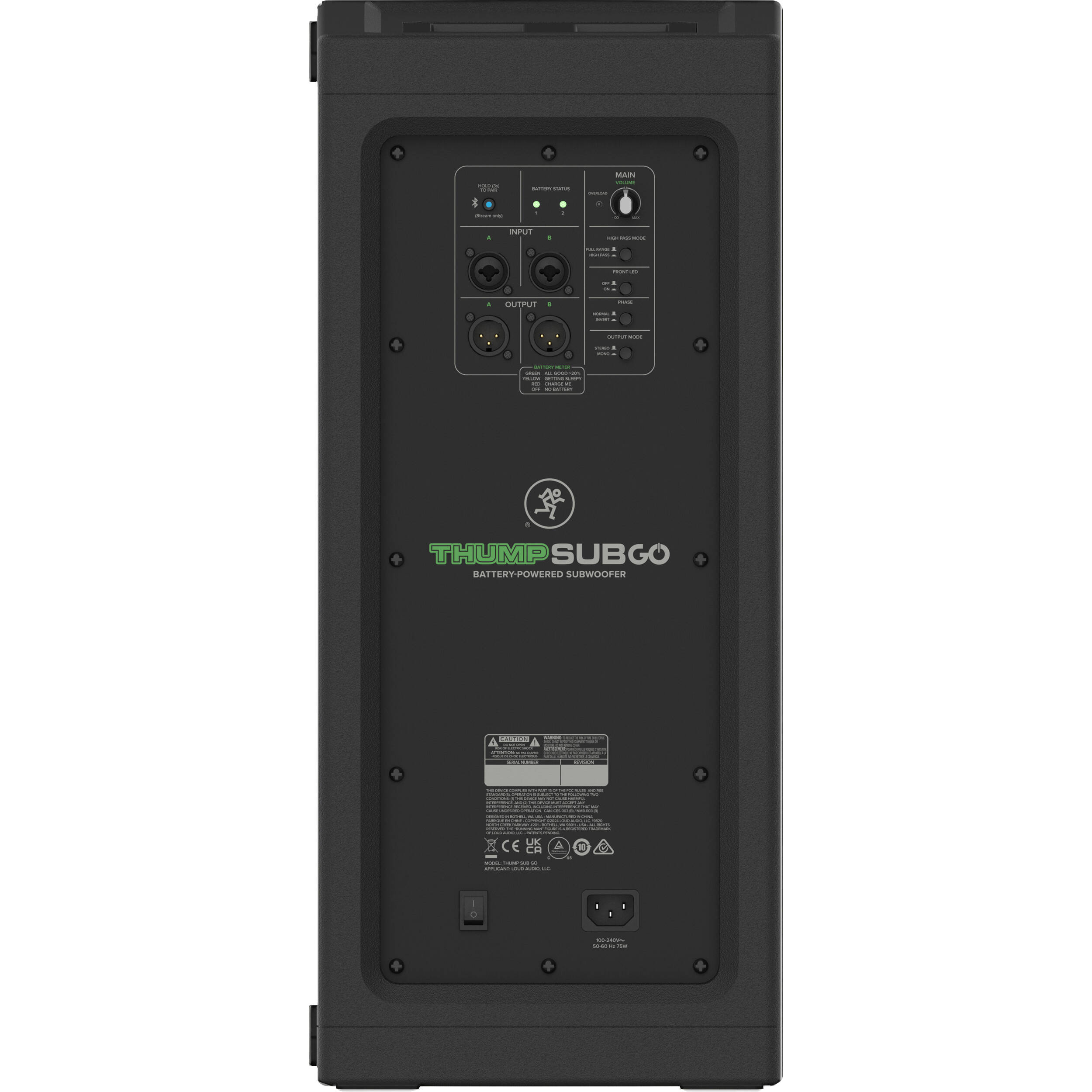 Mackie ThumpSub GO portable subwoofer with compact design and built-in handle, ideal for enhanced bass in live sound setups.