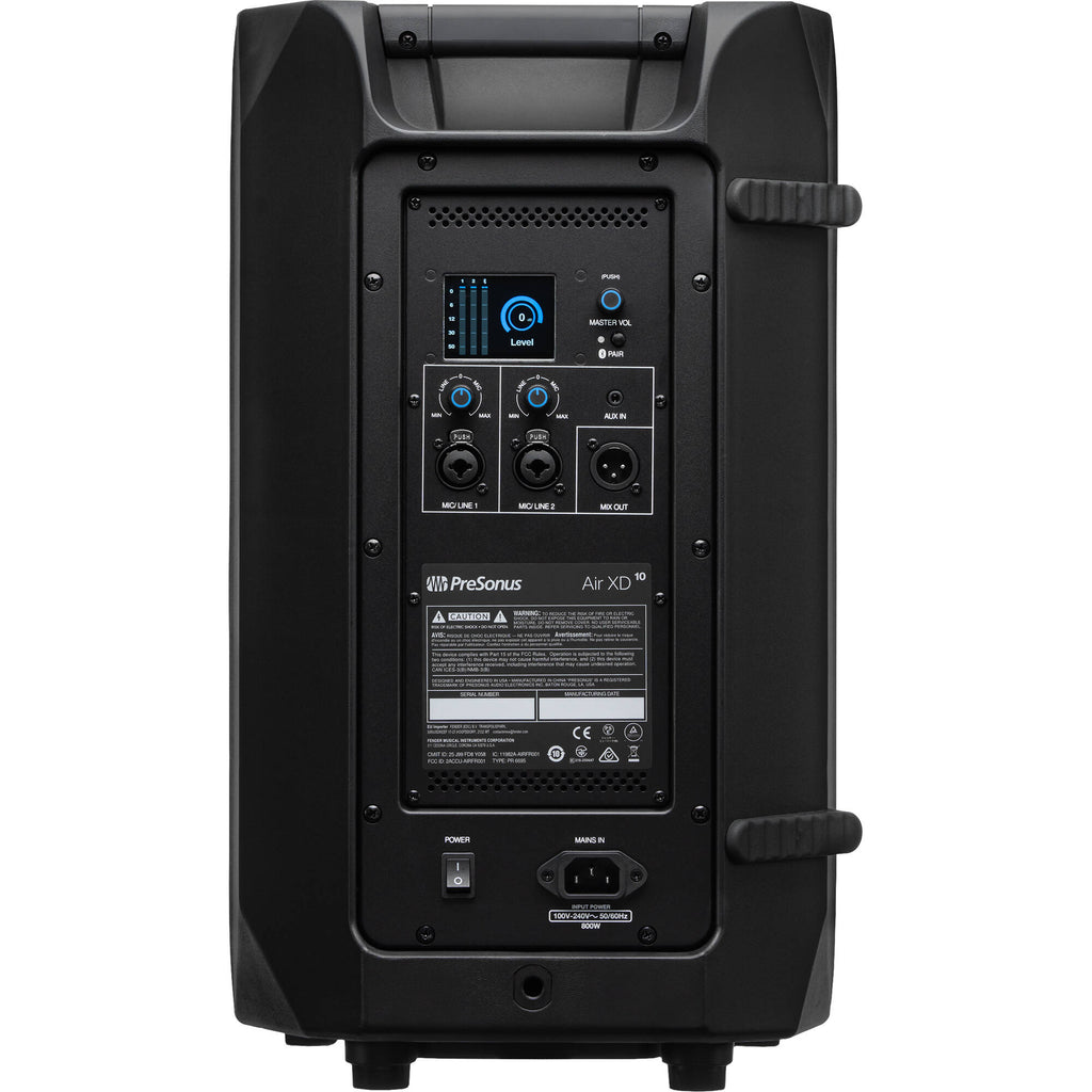 Presonus Air XD 10 active loudspeakers with sleek black cabinets and control panels, designed for professional audio setups.