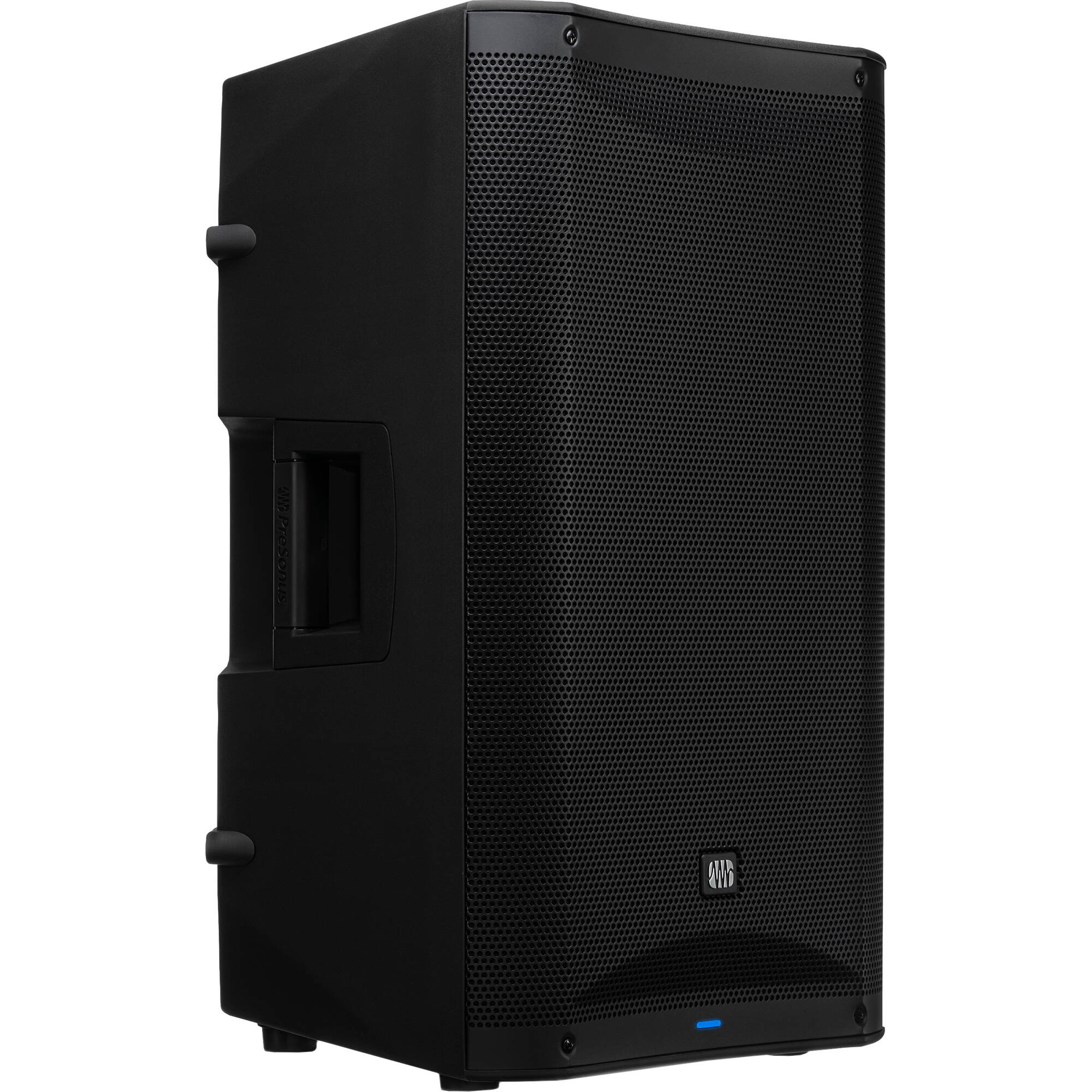 Presonus Air XD 12 active loudspeaker showing its front view with black speaker grille and control panel on top.
