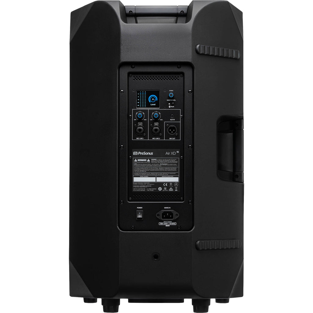 Presonus Air XD 15 active loudspeakers with sleek black design and control panels, ideal for professional audio setups.