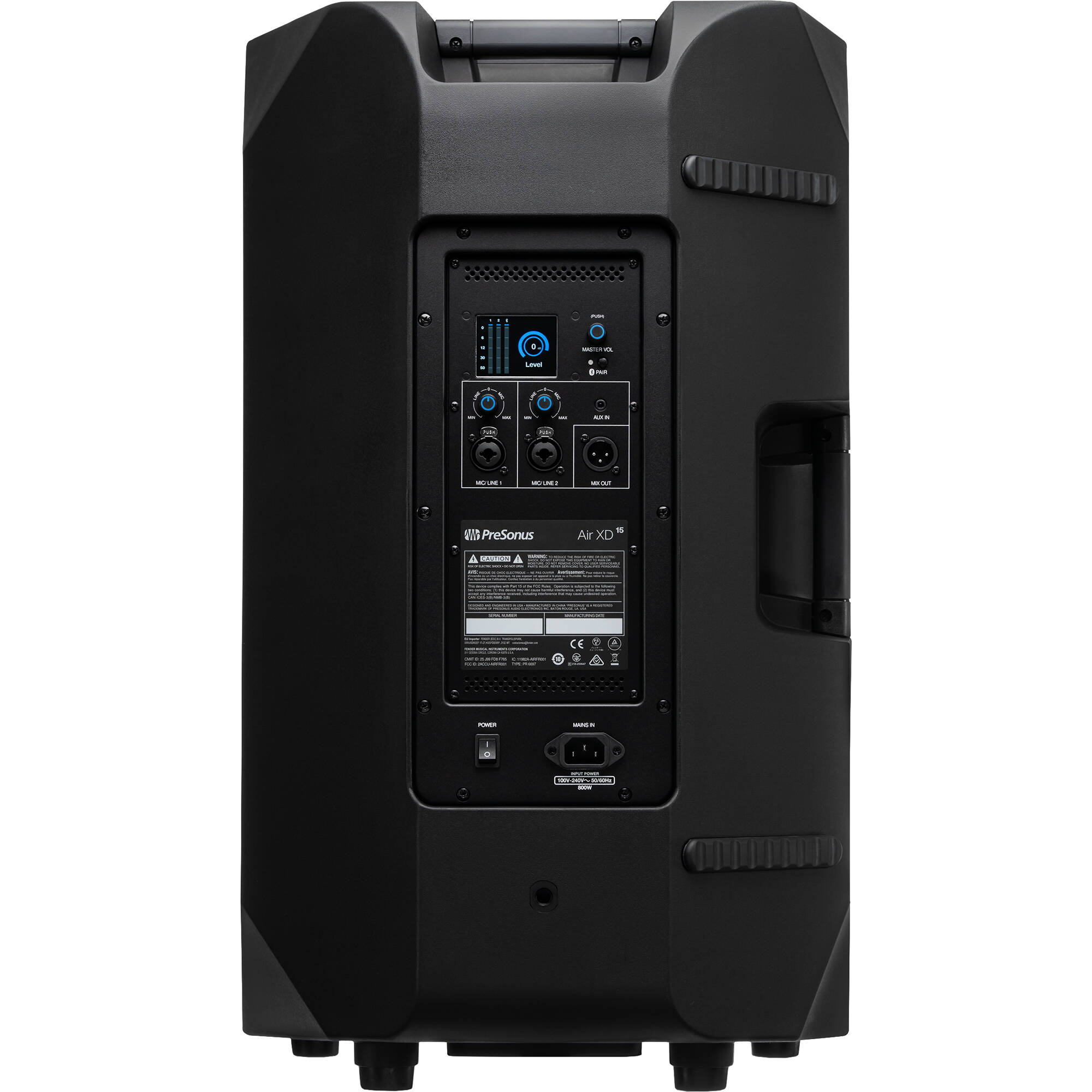 Presonus Air XD 15 active loudspeakers with sleek black design and control panels, ideal for professional audio setups.
