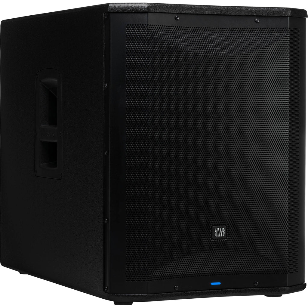Presonus Air XD Sub 15 active subwoofer with a black enclosure and control knobs on the back for bass enhancement.
