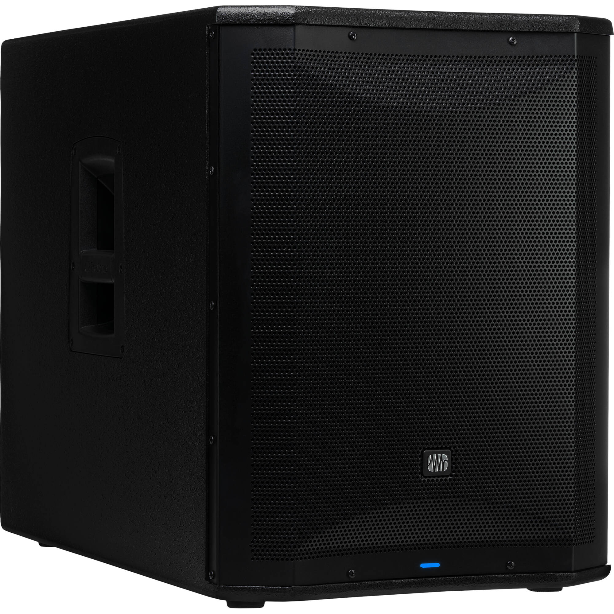 Presonus Air XD Sub 15 active subwoofer with a black enclosure and control knobs on the back for bass enhancement.