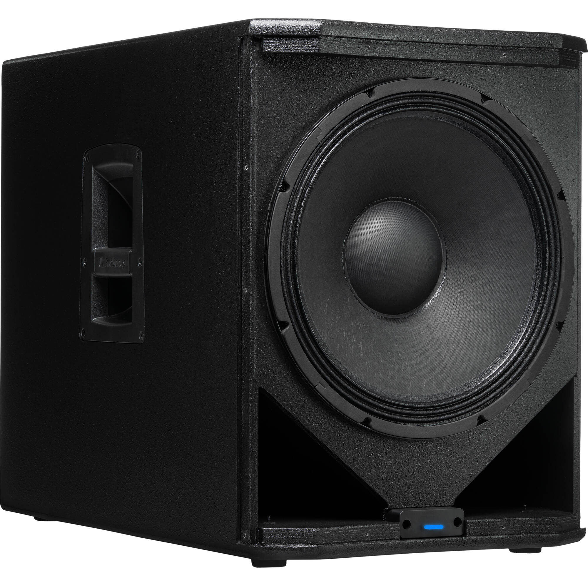 Presonus Air XD Sub 15 active subwoofer with black enclosure and control panel, designed for high-quality bass amplification.