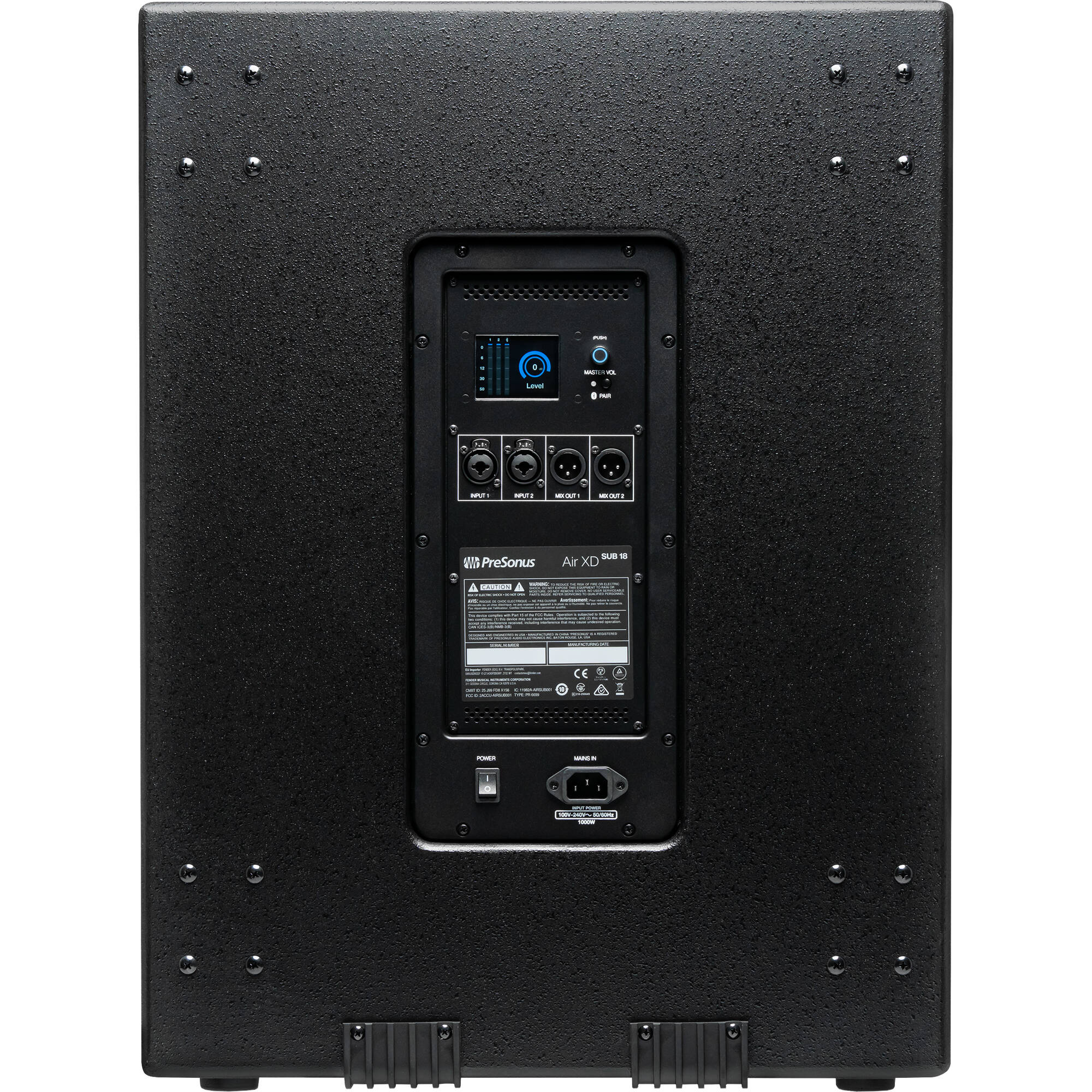 Presonus Air XD Sub 18 active subwoofer with large speaker driver and control panel, designed for powerful bass amplification.