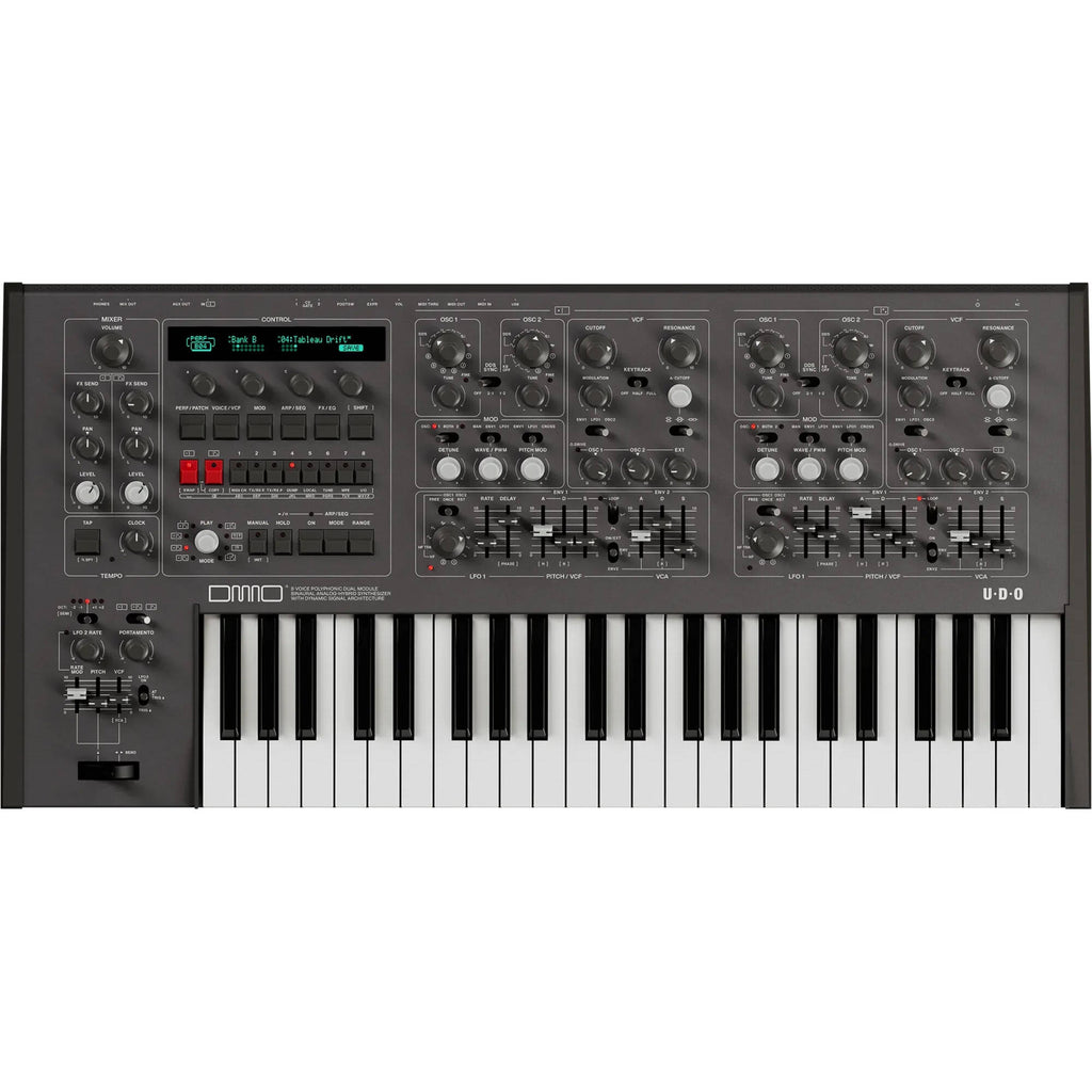 UDO Audio DMNO keyboard synthesizer with black keys and control knobs, showing front panel and key layout.