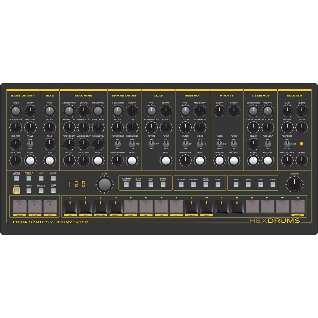 Erica Synths Hexdrums drum machine with colorful pads and controls, designed for electronic music production.
