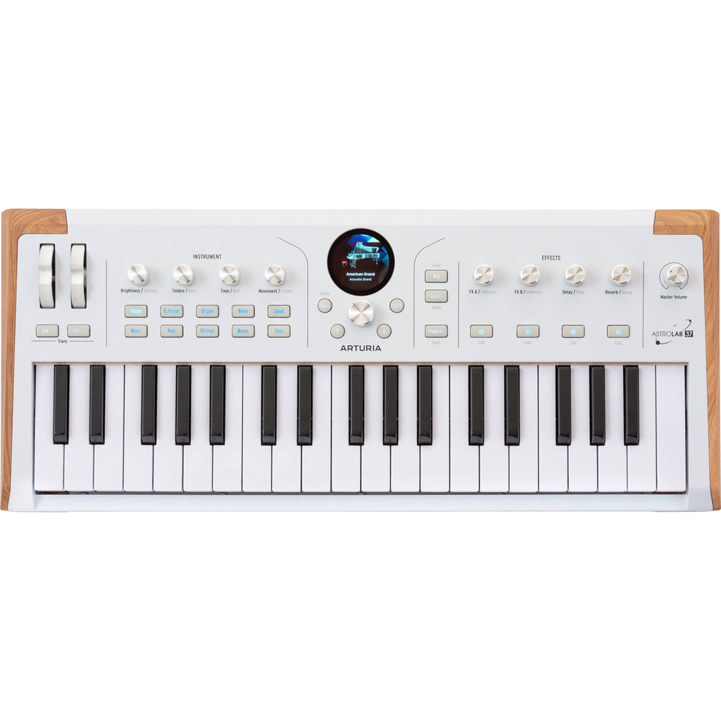 Arturia AstroLab 37 performance keyboard with black and silver design, featuring multiple control knobs and keys for music production.