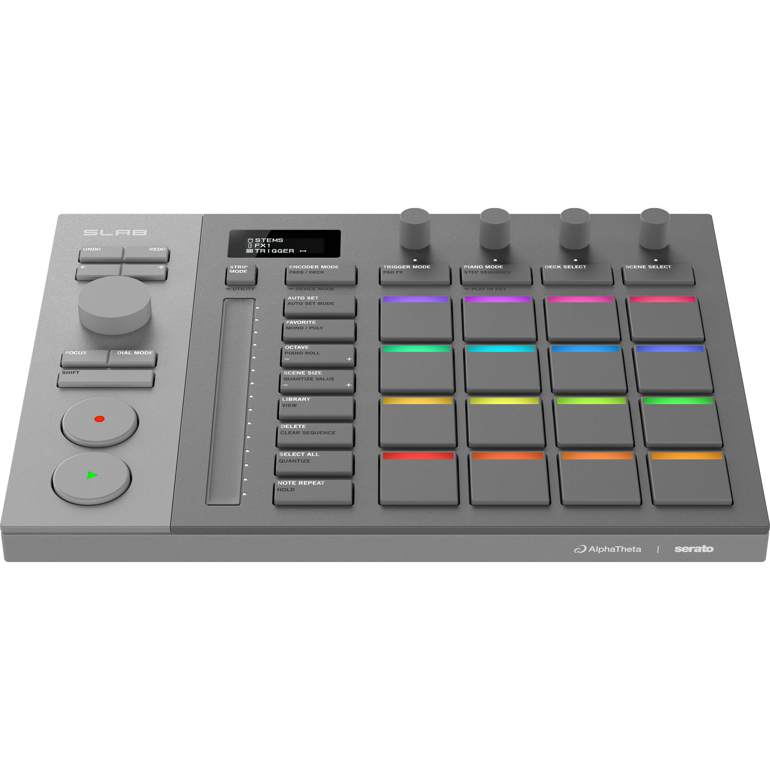 AlphaTheta SLAB MIDI controller with black knobs, buttons, and colorful pads on a sleek black surface for music production.