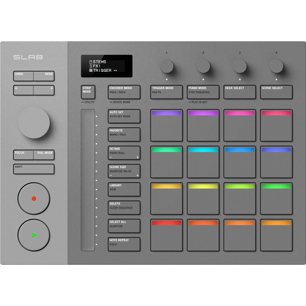 AlphaTheta SLAB MIDI controller with knobs, buttons, and pads for music production, featuring a sleek black design.