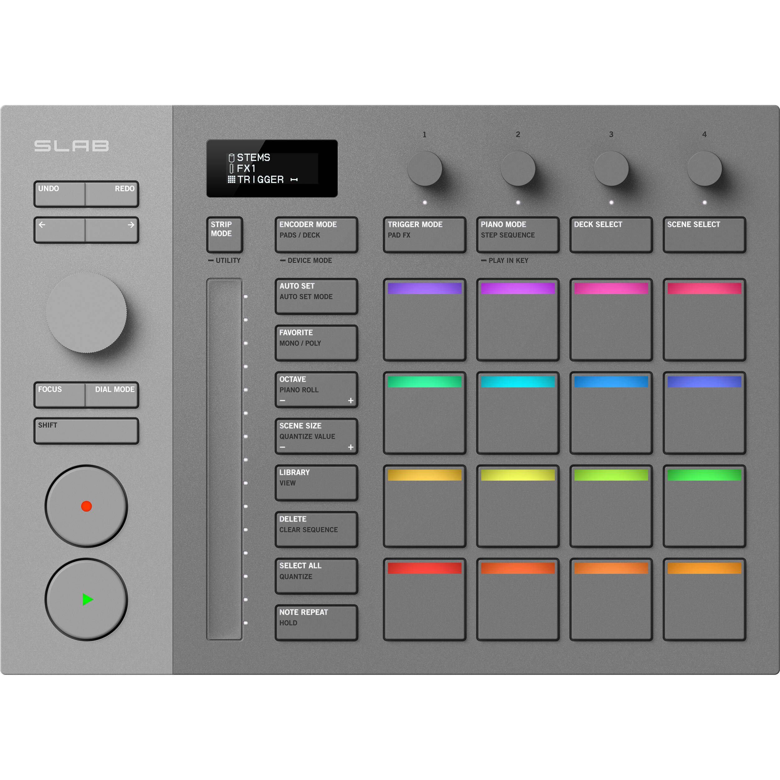 AlphaTheta SLAB MIDI controller with knobs, buttons, and pads for music production, featuring a sleek black design.