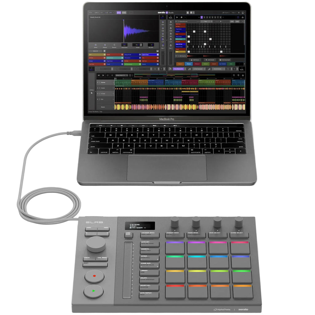 AlphaTheta SLAB MIDI controller with knobs, buttons, and touchpads for music production and live performance.