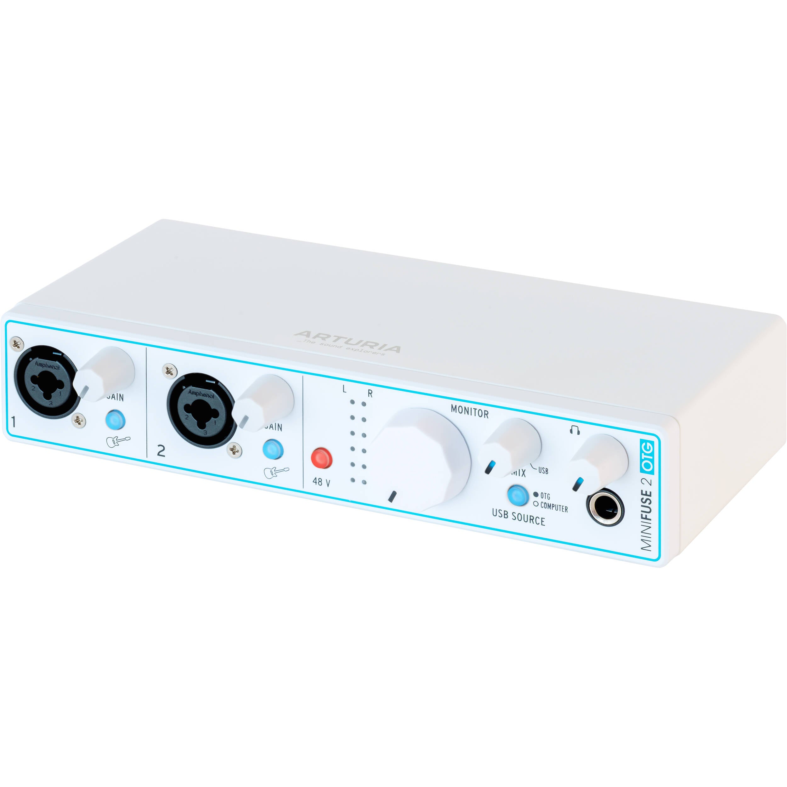 Arturia Minifuse 2 OTG audio interface with input ports and controls, designed for high-quality audio recording and streaming.