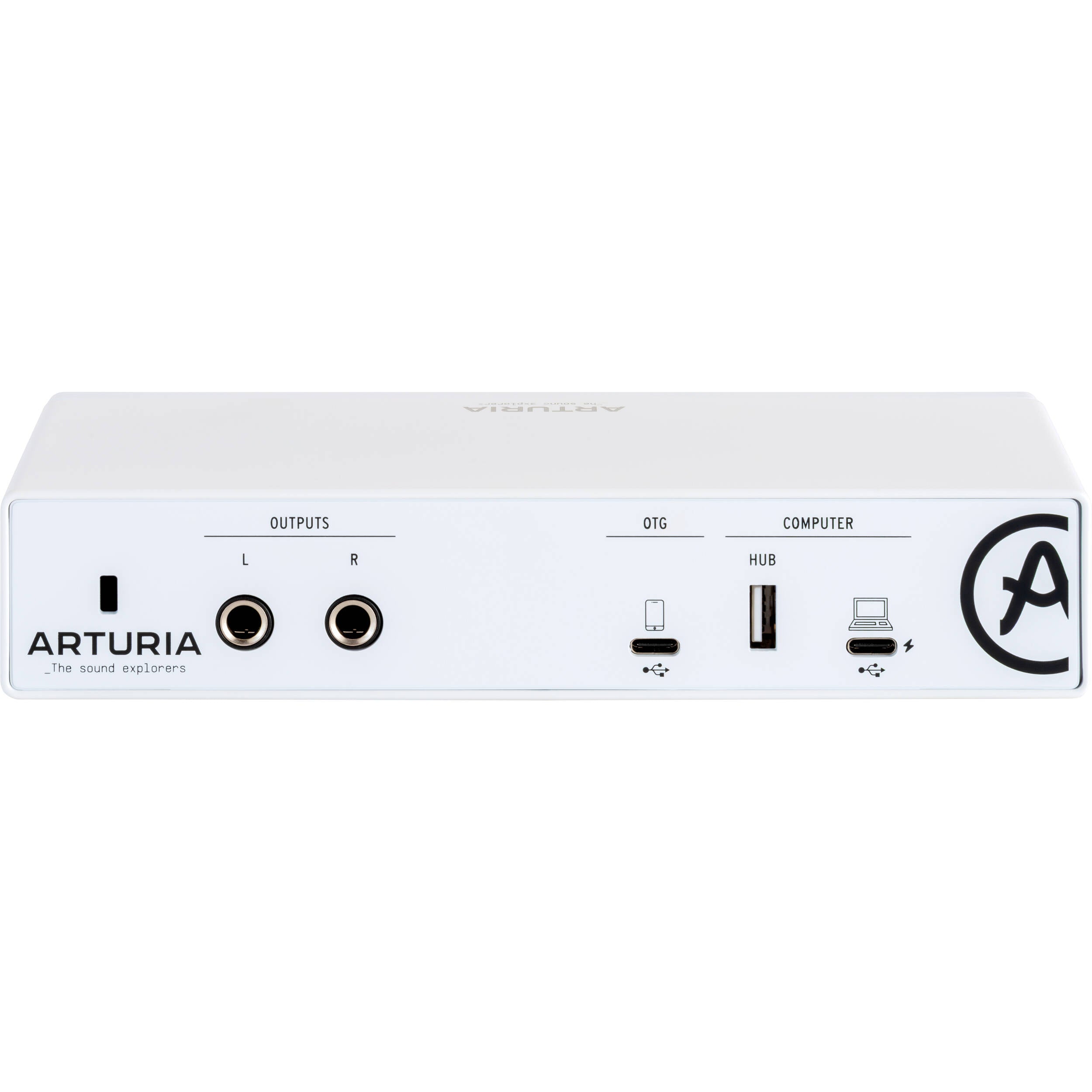 Arturia Minifuse 2 OTG audio interface with USB-C connection, compact design, and input/output ports for music recording and production.