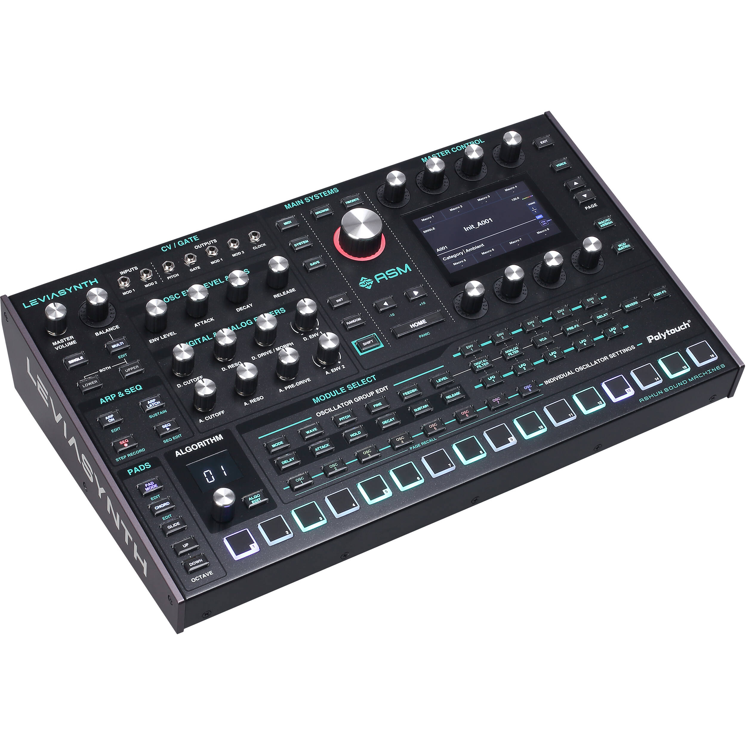 ASM Leviasynth desktop synthesizer with knobs and controls, compact electronic music instrument for studio or performance use.