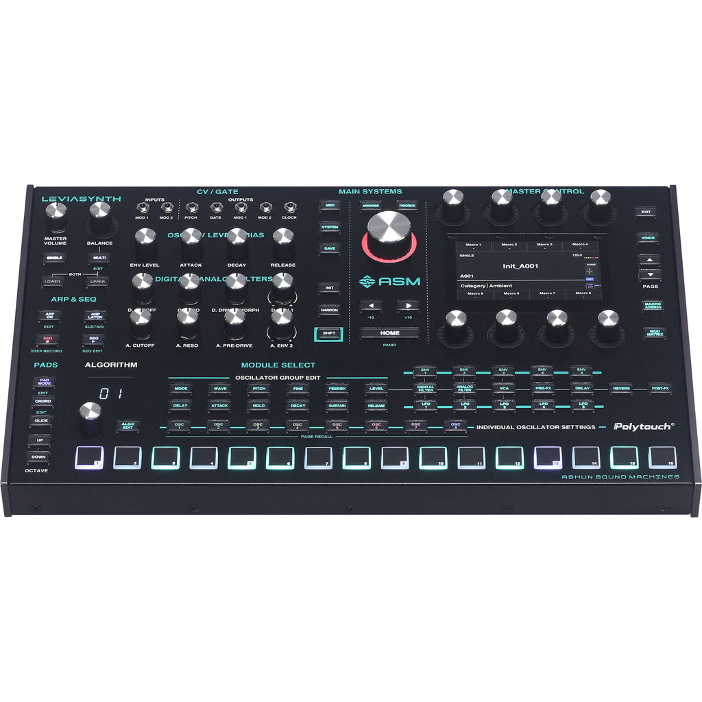 ASM Leviasynth desktop synthesizer with various knobs and controls, compact black design, and modern electronic music equipment.