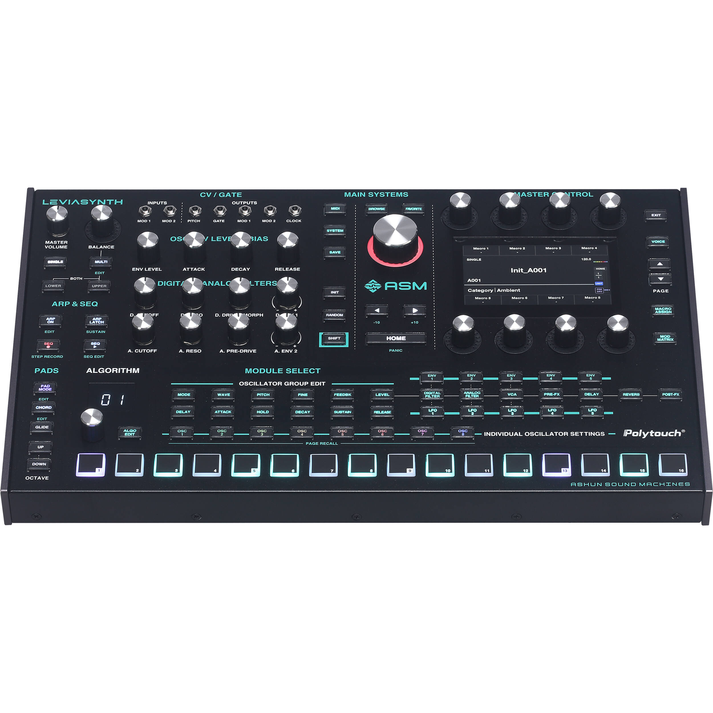 ASM Leviasynth desktop synthesizer with various knobs and controls, compact black design, and modern electronic music equipment.