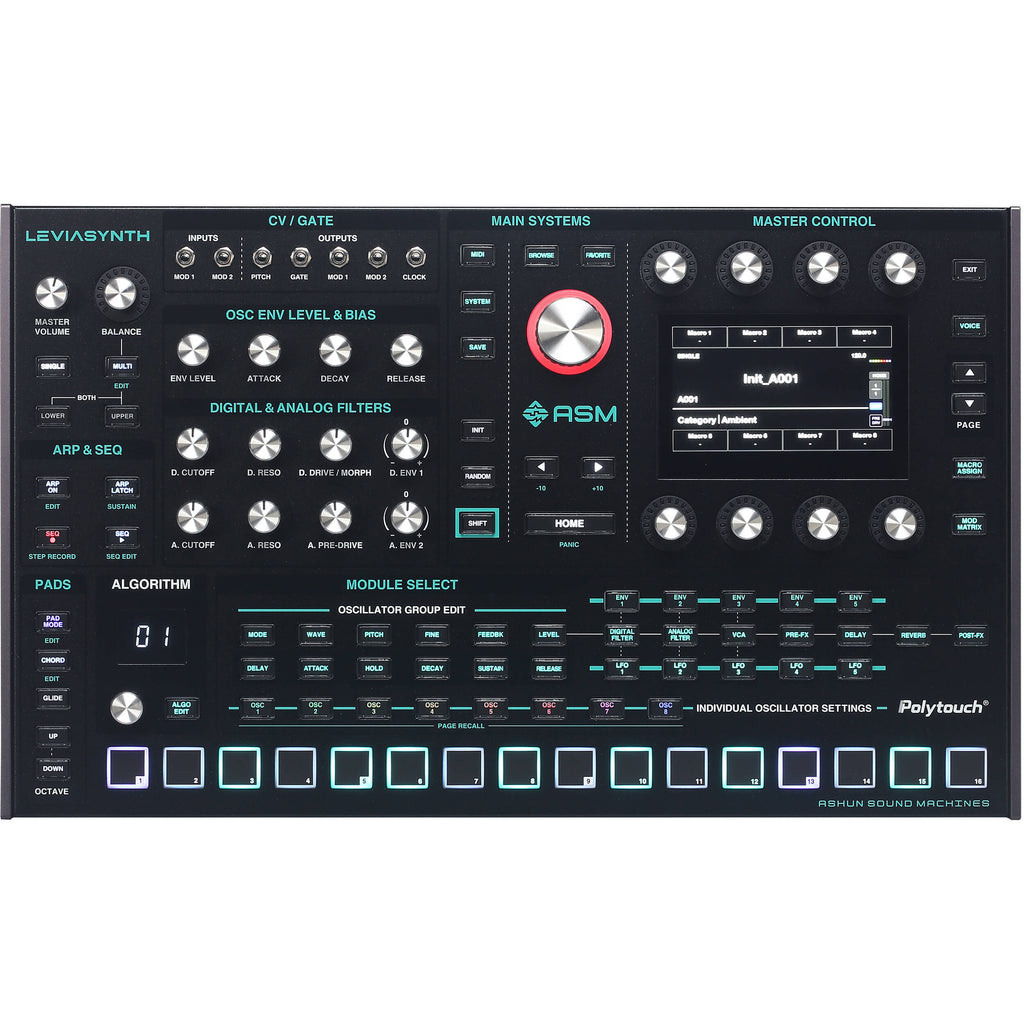 ASM Leviasynth desktop synthesizer with knobs and control panel, compact electronic music instrument for sound creation.