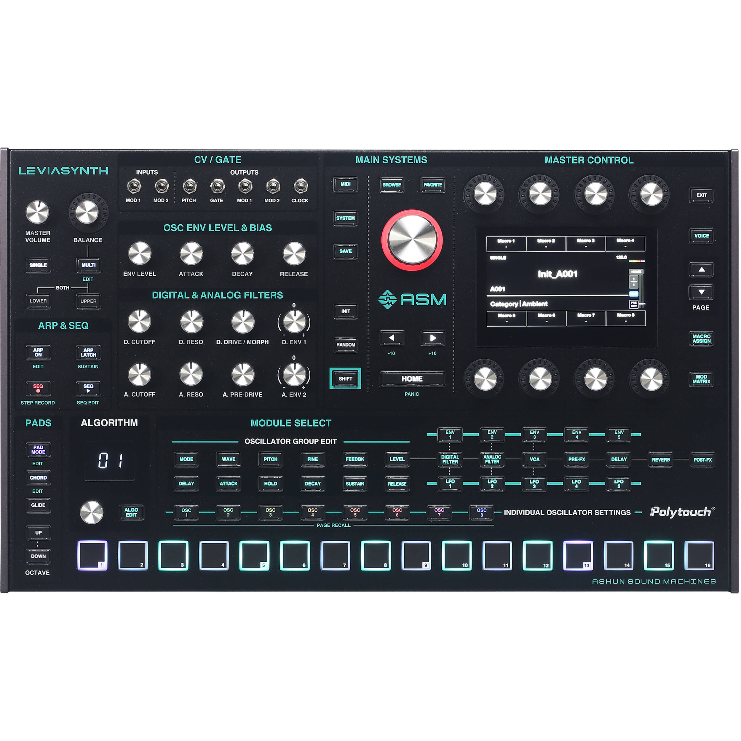 ASM Leviasynth desktop synthesizer with knobs and control panel, compact electronic music instrument for sound creation.