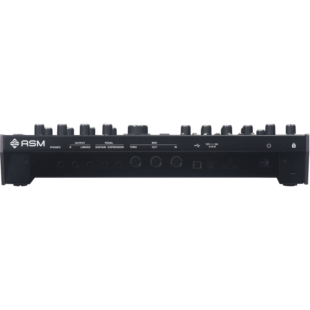 ASM Leviasynth desktop synthesizer with knobs and buttons, compact electronic music instrument for studio and live use.