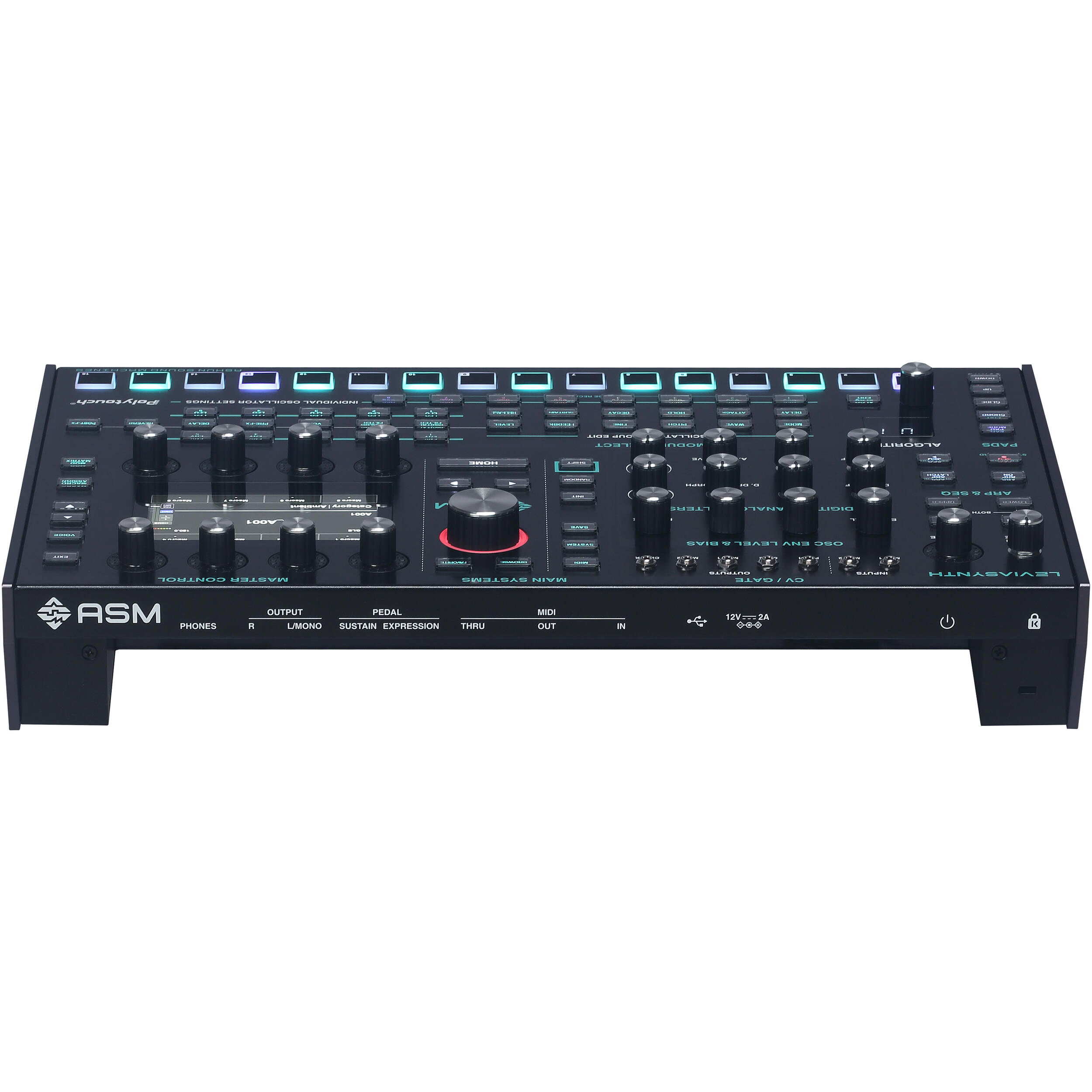 ASM Leviasynth Desktop synthesizer with knobs and controls, compact electronic music instrument for studio and performance use.
