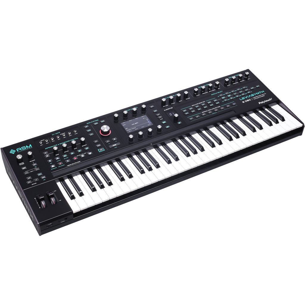 ASM Leviasynth keyboard synthesizer with black and silver keys, front panel controls, and compact design.