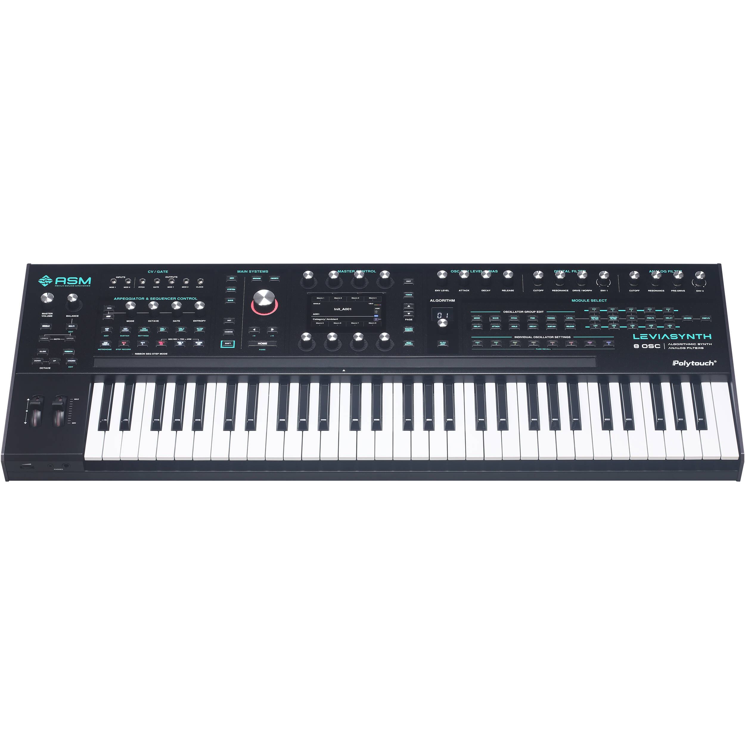 ASM Leviasynth keyboard synthesizer with black keys and control knobs, versatile electronic instrument for music production.