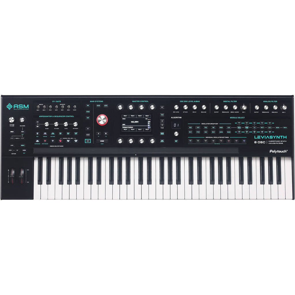 ASM Leviasynth keyboard synthesizer with black keys and control knobs, showcasing its compact music production design.